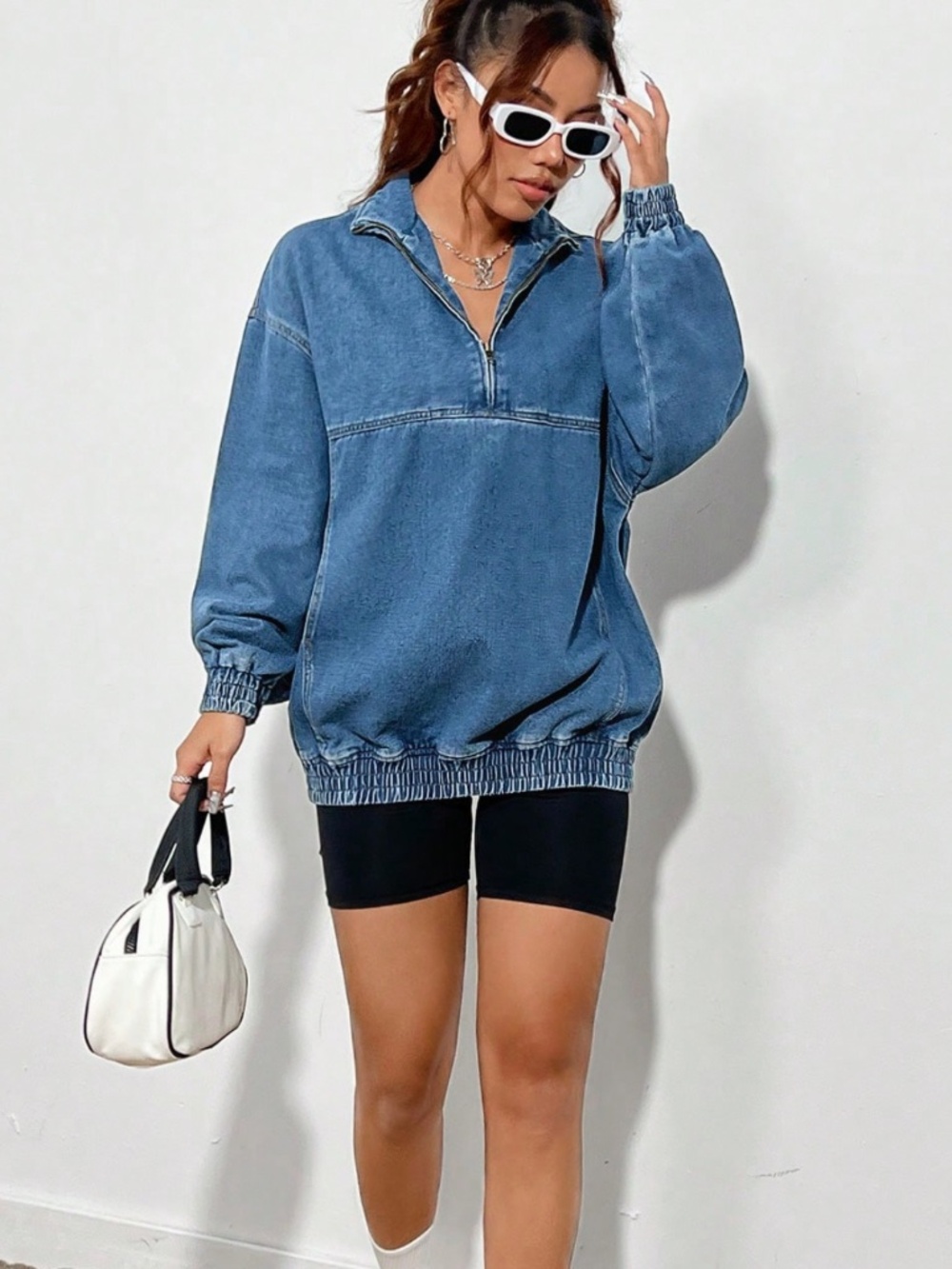 Woman’s Half Zip Elasticized Hem Denim Jacket in various - Picture 3 of 5